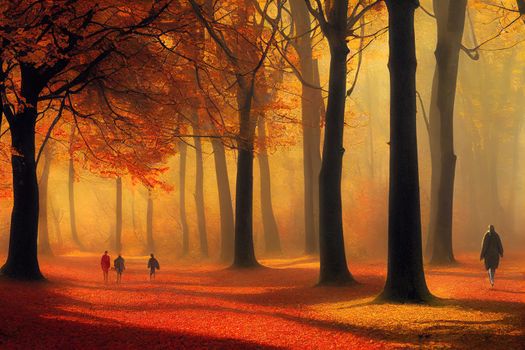 People strolling on Walkway in autumn forest with colorfull fall foliage in hazy conditions. Veluwe, Gelderland Province, the Netherlands.. High quality illustration