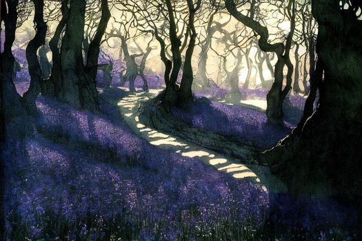 Path through purple bluebell woods in early morning sunrise. High quality illustration
