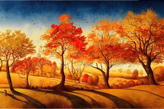 Autumn landscape. Watercolor drawing. Hand drawn illustration.. High quality illustration