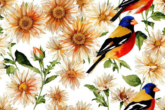 Watercolor autumn seamless pattern of aster, dahlia, rose and birds. Hand painted flowers, chaffinch and greenfinch isolated on white background. Floral illustration for design, fabric or background.. High quality illustration