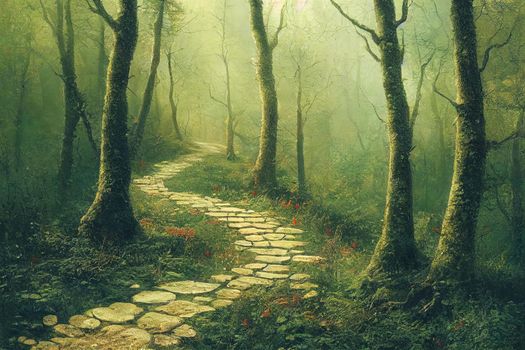 Beautiful landscape for printing. Walking path in the mountain forest.. High quality illustration