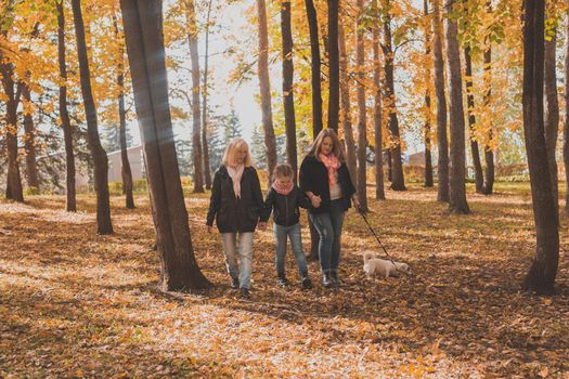 Grandmother and mother with granddaughter throw up fall leaves in autumn park and having fun. Generation, leisure and family concept