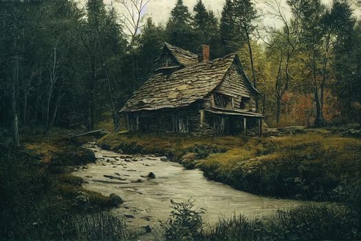 Old wooden house in the woods by the stream. Cold creek at river house in woods. Forest river house by the creek. Forest creek house. High quality illustration