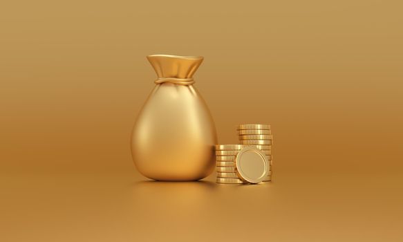 Golden Money sack bag and stack of coins isolated on gold background. money savings concept. minimal cartoon design. 3d rendering.
