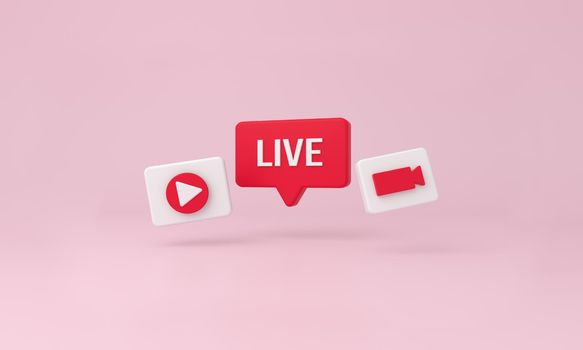 Live bubble, play and video minimal icons on pink background. 3d rendering.