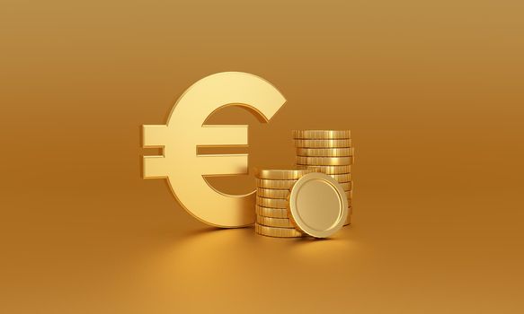 Euro money symbol next to Stack of gold coins on a golden background. Currency exchange. 3d rendering.
