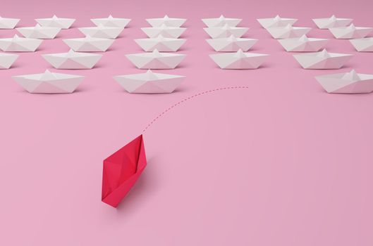 Women's leadership concept. Pink paper ship in the foreground leading among white on pink background. 3d rendering.