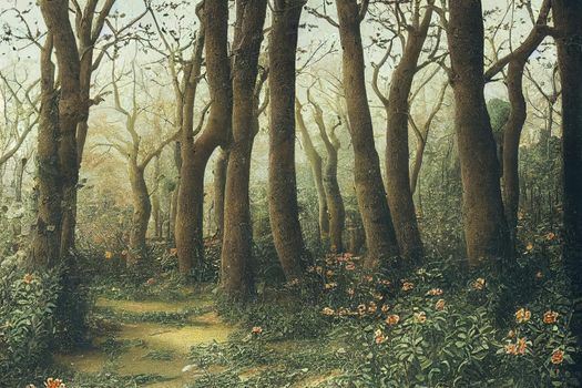 a refreshing spring forest in the sunlight. High quality illustration