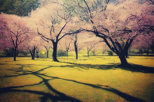 Spring Nature. Beautiful Landscape. Park with Green Grass and Trees. Tranquil Background. High quality illustration