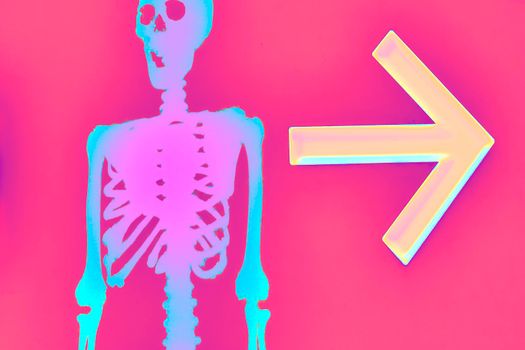 the night of October 31, the eve of All Saints' Day, commonly celebrated by children who dress in costume . Halloween blue pink funny skeleton with a red arrow direction on a red