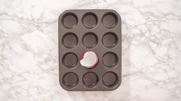 Flat lay. Step by step. Whipping chocolate ganache with an electric kitchen mixer.