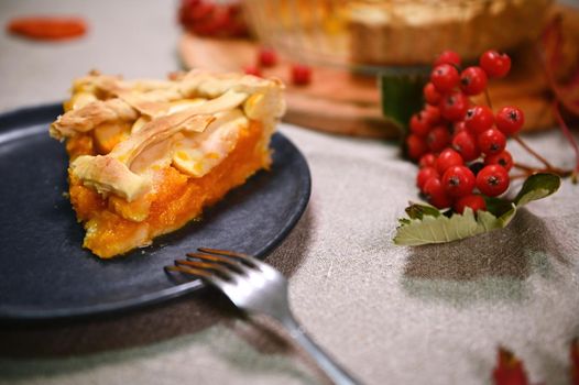 A piece of freshly baked bright orange homemade pumpkin pie, with caramelized apples and crispy lattice on a blue plate, for Thanksgiving dinner, nearby red ripe viburnum berries on linen tablecloth