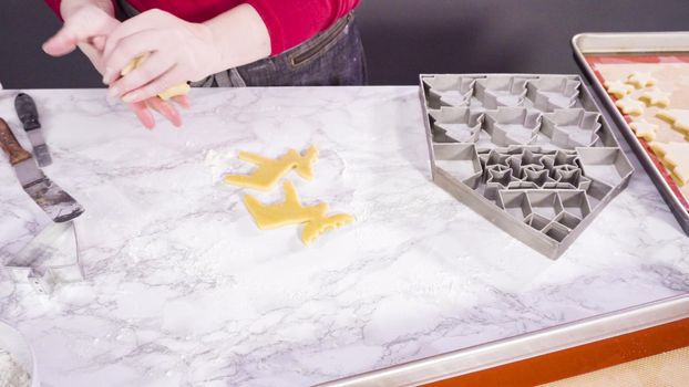 Cutting out sugar cookies with giant Christmas cookie cutter.