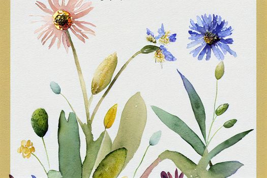 Watercolor horizontal banner with wild field flowers and plants in pastel colors. Wild autumn flowers border. Modern minimalist poster, greeting card, header for website. High quality illustration