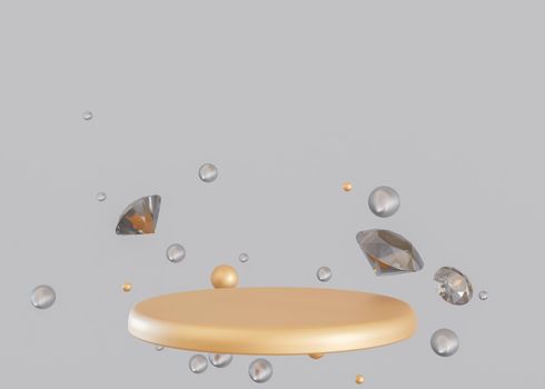 Golden podium with flying diamonds and spheres on gray background. Mock up for product, cosmetic presentation. Pedestal or platform for beauty products. Empty scene. Copy space. 3D rendering