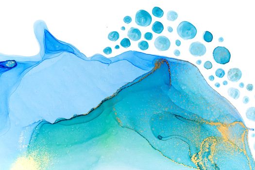 Abstract ocean foam print. Watercolor blue texture with gold glitter