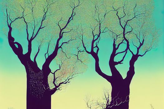 tree crown of a birch tree, fresh green leaves. blue sky with clouds, at springtime. High quality illustration