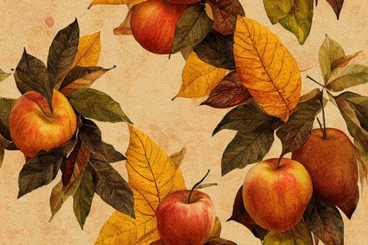 Autumn watercolor seamless pattern with ripe fruits, flowers and yellow leaves. Ripe apples, sunflowers, corn, acorns, autumn leaves on a brown background seamless pattern. Texture for wallpaper, wrap. High quality illustration