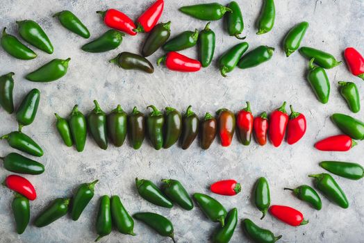 Gradient of Jalapeno Chili Peppers on Light Concrete Background. View from Above