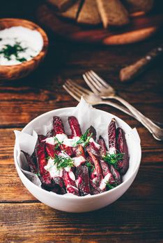 Oven baked beet fries with yogurt and dill dressing