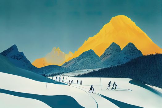 Cross country skiing track. Sunny day in mountains. Outdoor leisure activity.. High quality illustration