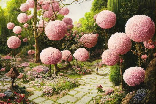 Roaming of a secret garden in spring. High quality illustration