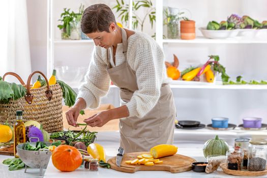 vegan backhground kitchen,woman preparing, several receipe, to train other people