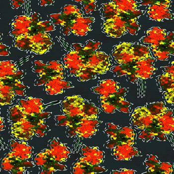 Abstract art background. Beautiful watercolor pattern with yellow and red flowers watercolor pattern on dark background for textile design. Modern background.