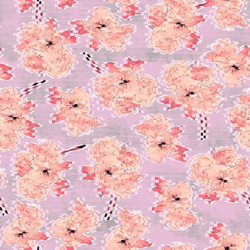 Abstract art background. Beautiful watercolor pattern with pink flowers watercolor pattern on violetbackground for textile design. Modern background.