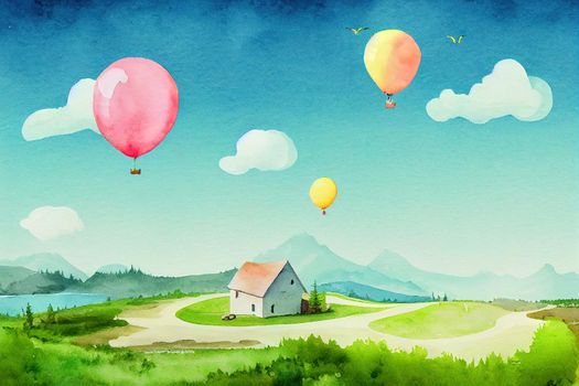 Cute mountain landscape, hills, trail, lonely house, lake and birds, clouds and balloon, cute car. Watercolor illustration. Children's poster.. High quality illustration