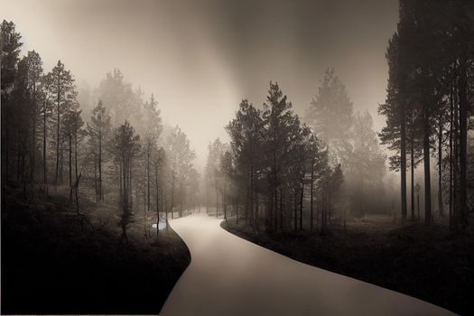 A pathway between trees leading into a dark and misty forest. Photo Composite.. High quality illustration