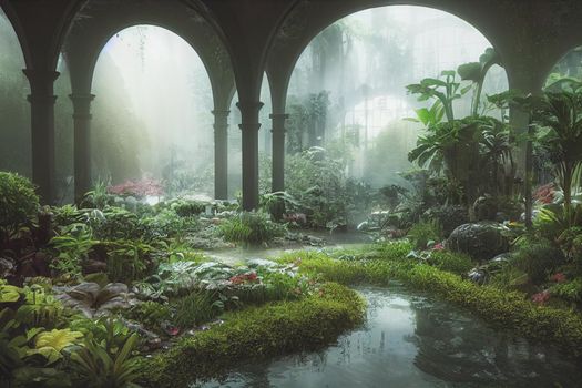 Beautiful indoor garden filled with plants and waterways background. 3d render photorealistic