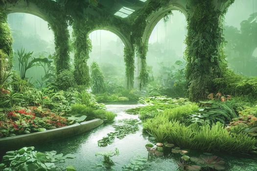 Beautiful indoor garden filled with plants and waterways background. 3d render photorealistic