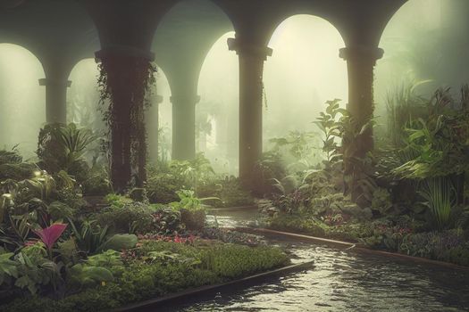 Beautiful indoor garden filled with plants and waterways background. 3d render photorealistic