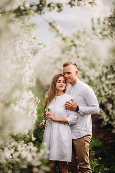 A happy young couple in love stands in a garden of blooming apple trees. A man in a white shirt and a girl in a white light dress are walking in a flowering park