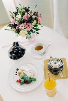 Festive breakfast of the bride on the served table. High quality photo