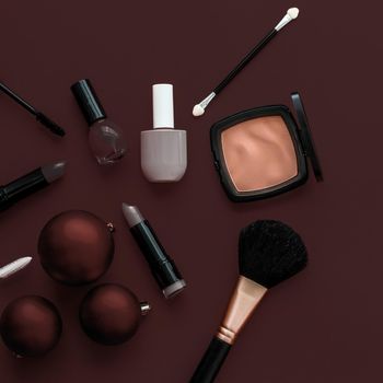 Cosmetic branding, fashion blog cover and girly glamour concept - Make-up and cosmetics product set for beauty brand Christmas sale promotion, luxury chocolate flatlay background as holiday design