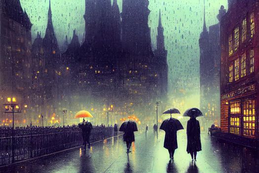 Autumn rainy weather in the city. People with umbrellas are walking under the rain. Autumn in the town. People are walking in rain on city street with buildings. Persons with umbrellas.. High quality illustration