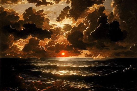 Evening sky with dramatic clouds over the sea. Dramatic sunset over the sea.. High quality illustration