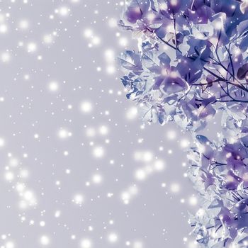 Magical, branding and festive concept - Christmas, New Years purple floral nature background, holiday card design, flower tree and snow glitter as winter season sale backdrop for luxury beauty brand