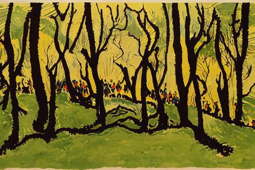 Freedom people enjoyng feeling with nature forest. Woman outstretching arms in the green woods. Leisure and ptrees protection. Earth's day and life scenic place. Tourist in travel amazing destination. High quality illustration