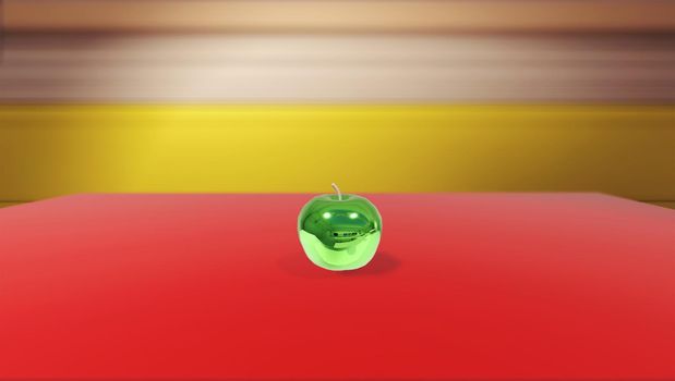 Metal Shine green apple on a red table. High quality photo