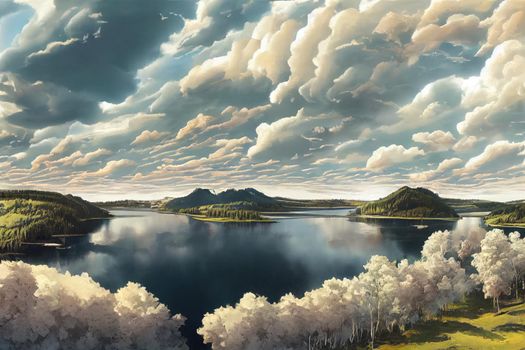 Dramatic sky with cirrus and cumulus clouds above the blue lake and island with green birch trees before the rain. Idyllic summer scene. Panoramic view. Vacations, ecotourism, nature of Scandinavia. High quality illustration