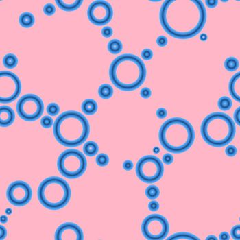 Geometric abstract seamless pattern of random arranged azure rings with dots texture on pink background.Round shapes halftone point wallpaper.For stationery covers,trendy textiles,fashionable fabrics