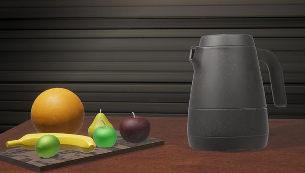 breakfast on table with fruits, and black kettle. High quality photo