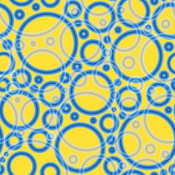 Geometric abstract seamless pattern of random arranged azure rings with dots texture on yellow background.Round shapes halftone point wallpaper.For stationery covers,trendy textile,fashionable fabrics