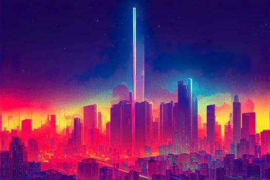 Night city illustration with neon glow and vivid colors. illustration with architecture, skyscrapers, megapolis, buildings, downtown.. High quality illustration