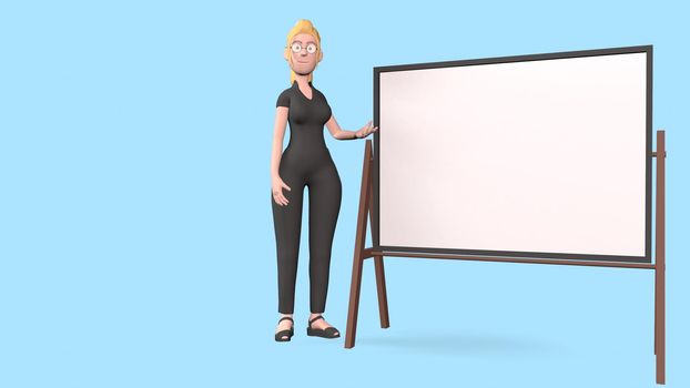 a girl in black clothes with a writing board on a blue background 3d-rendering.