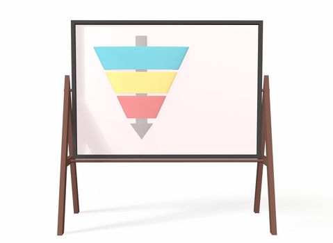 Funnel diagram is a three step template on a whiteboard on a white background 3d-rendering.