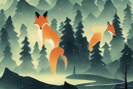 ondering fox, forest background, silhouettes of trees. Magical misty landscape. Illustration.. High quality illustration